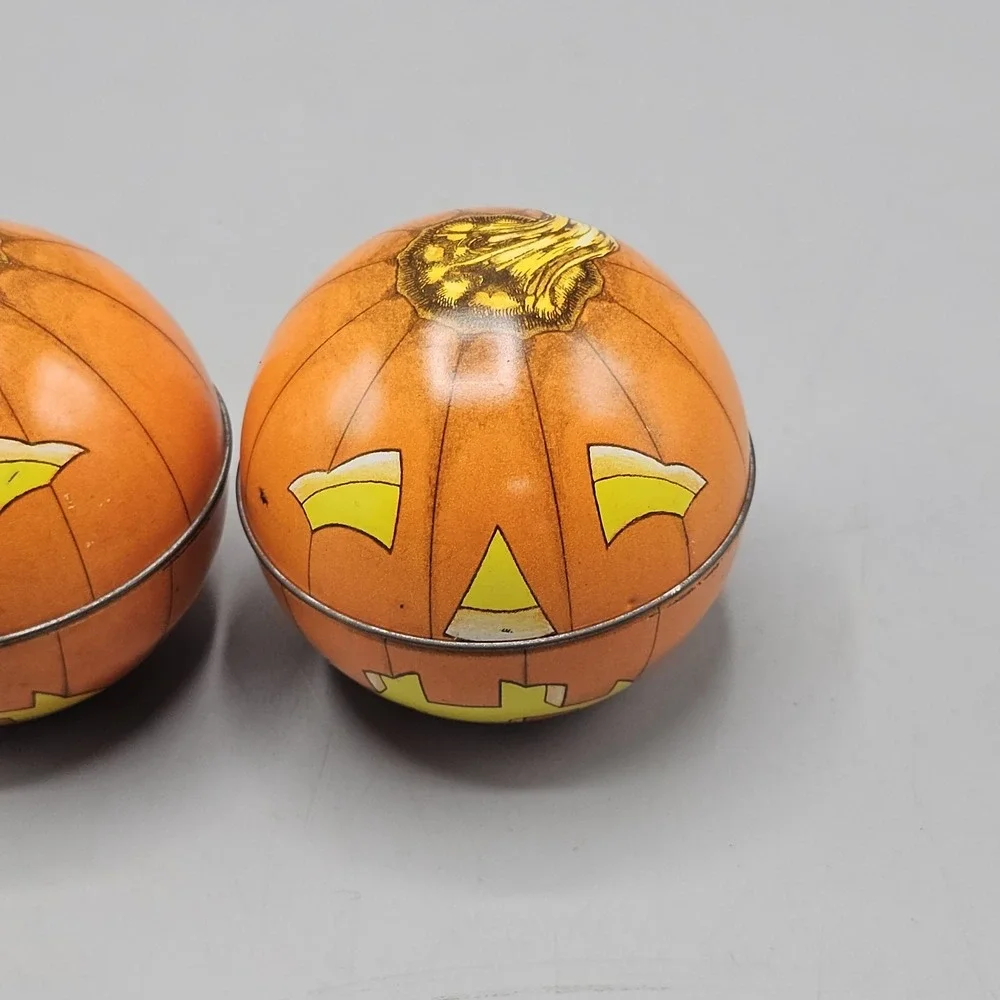 Vintage 80s Tin Pumpkin Jack-O-Lantern LOT OF 2 Midwest Importers Switzerland 3